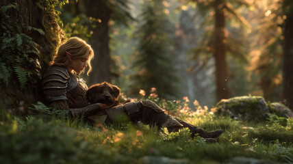 Obraz premium Moment of tranquility between a warrior and a loyal companion in a magical forest