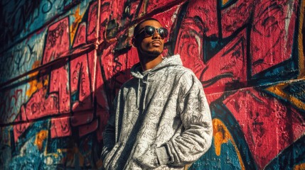 A close-up shot of a man wearing a hoodie and sunglasses, standing next to a wall covered in colorful graffiti