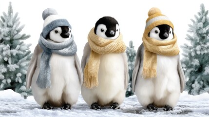 Fototapeta premium Penguins wearing scarves celebrate the holiday season in a snowy landscape with a festive greeting nearby