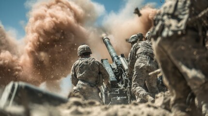 A group of military soldiers fires a powerful artillery cannon, creating a large dust cloud in a war zone