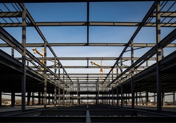 The steel frame of the building that is standing, photographed with an architectural perspective.