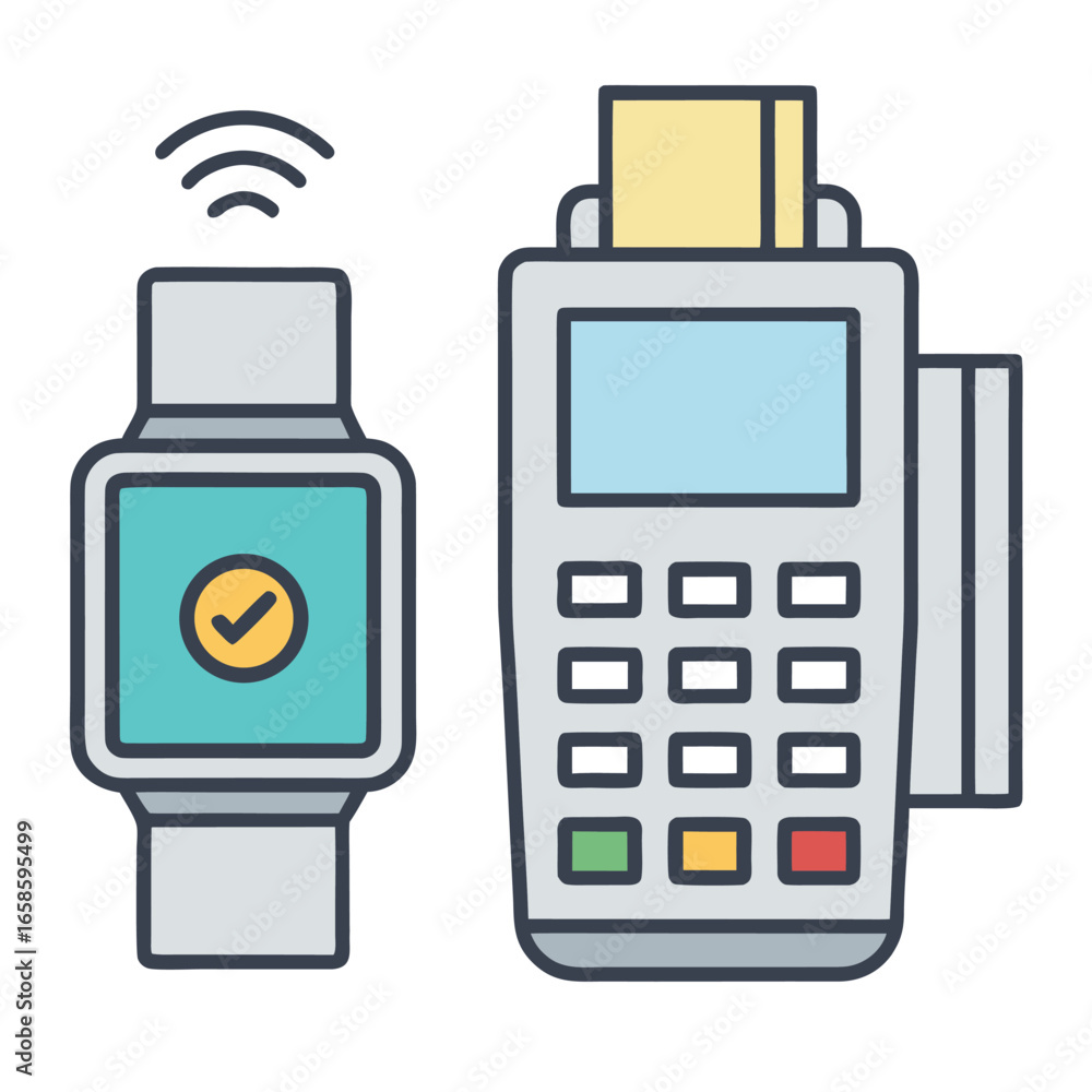 Poster smartwatch contactless payment transaction with credit card terminal and wifi signal vector