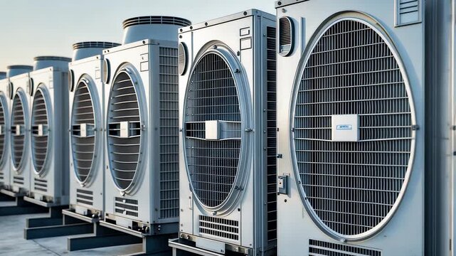 Industrial outdoor facility with multiple large air conditioning units arranged in row under clear daylight sky
