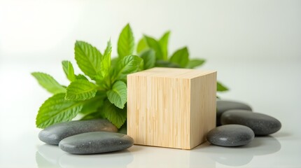 Zen-inspired scene with mint, stones, and wooden block perfect for product display or wellness