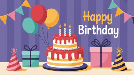 Two-tier birthday cake with candles, balloons, gifts, and festive Happy Birthday text on purple striped background for joyful celebration