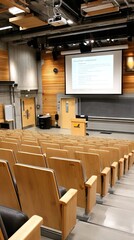 Spacious lecture hall with wooden seating and presentation screen during a university class session in the afternoon