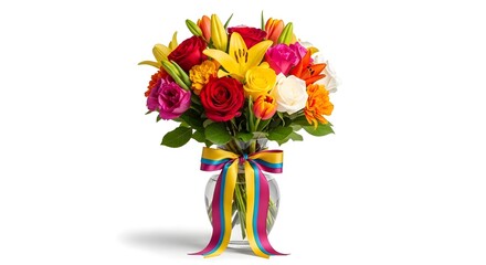 Vibrant mixed flower bouquet with colorful ribbon bow radiates joy and celebration, perfect for special occasions and heartfelt gifting.