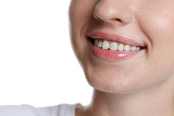 Obraz premium Smiling woman after dental aligners treatment on white background, closeup