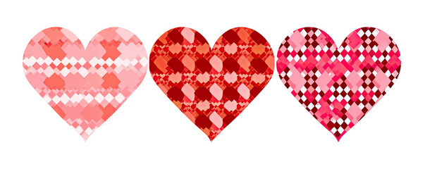 Three hearts with a checkered pattern in shades of red and pink
