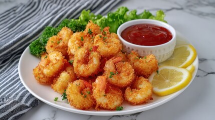 Crispy fried shrimp arranged on a plate with lettuce, lemon slices, and a bowl of dipping sauce