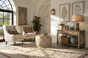 Sunlit living room with eclectic decor and patterned textiles