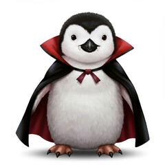 Fototapeta premium Adorable penguin dressed as vampire with black cape and fangs, cute spooky Halloween animal cosplay illustration