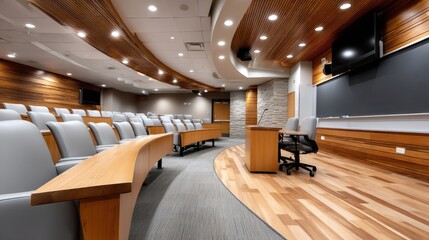 Modern classroom interior featuring a curved layout with wooden accents and comfortable seating designed for collaborative learning sessions in a university setting