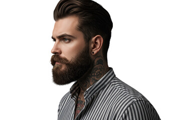 Obraz premium Man with beard and tattoos wearing striped shirt isolated on transparent background