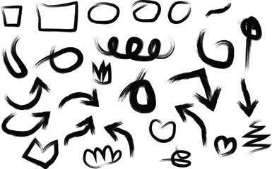 Smile brush hand drawn vector element set. Hand drawn brush stroke asterisk, arrow, squiggle shape with grunge texture. Abstract sketch paint elements for geometric background. Vector illustratio