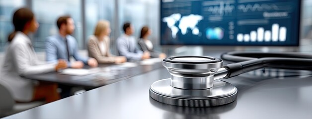 Discussion on healthcare trends with medical professionals in a modern conference room featuring a stethoscope on the table