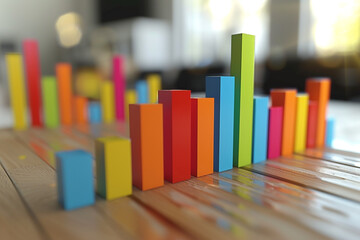 Colorful 3D bar graph on wooden table indoors with blurred background