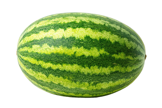 Close-up of a whole, oval-shaped watermelon.  Striped green and pale yellow