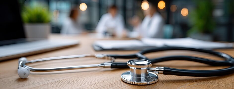 Medical conference setting with stethoscope placed on a table, showcasing healthcare discussions in a spacious venue