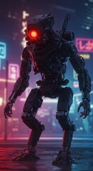 Fototapeta premium Futuristic robot in neon city (2)