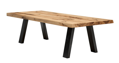 Wooden table with dark metal legs.  Large, light-brown wooden tabletop, with visible wood grain.  Dark-colored metal legs, in an X-shape.  Simple, modern design