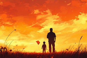 Fototapeta premium Father and child flying a kite against a sunset background 