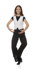 Teenage girl in tap shoes dancing on white background