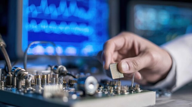 Technicians fingers adjusting debug connectors in medium shot sharp focus on connector blurred circuit board and oscilloscope screen suggest testing environment.
