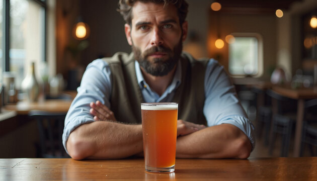 Man looking serious while sitting at a table with a beer
