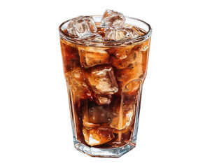 A tall glass filled with a dark brown, fizzy drink and ice cubes