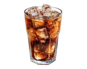 A tall glass filled with a dark brown, fizzy drink and ice cubes