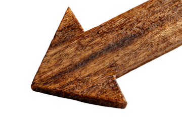 Close-up of a dark-brown wooden arrow pointing left