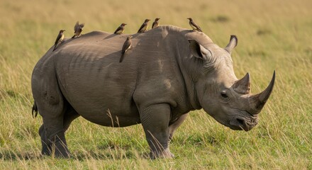 Obraz premium Rhinoceros with birds