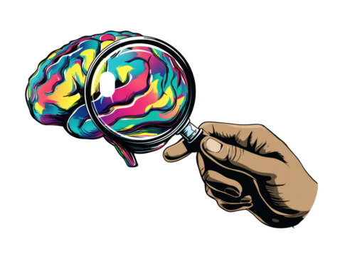 A hand holds a magnifying glass over a colorful brain (1) - Powered by Adobe