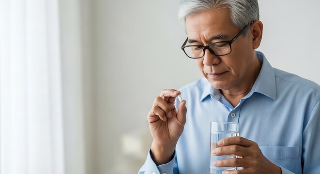 Senior man taking medication with water for health and wellness