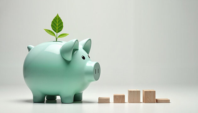 Piggy bank with plant growing on top and wooden blocks
 - Powered by Adobe