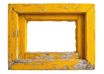 Aged, mustard-yellow wooden picture frame, isolated on black