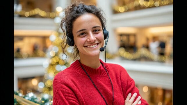 Young woman wearing headset smiles while working in festive shopping center during holiday season