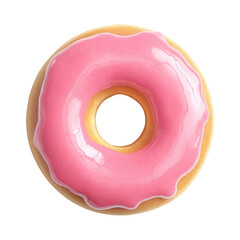 Pink glazed donut, close-up, top view.  A circular, delectable donut, coated in a glossy, vibrant pink glaze.  The donut's interior is a pale yellow, and a circular hole is centrally located