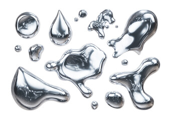 Abstract metallic liquid drops, various shapes and sizes, reflective surface