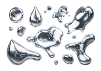 Abstract metallic liquid drops, various shapes and sizes, reflective surface
