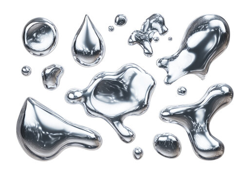 Abstract metallic liquid drops, various shapes and sizes, reflective surface - Powered by Adobe