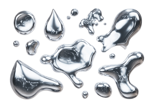 Abstract metallic liquid drops, various shapes and sizes, reflective surface