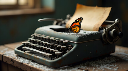 An old, rusty, abandoned typewriter with worn keys and a faded body sits on a dusty, wooden desk, with one half-burned, yellowed sheet of paper partially inserted .
