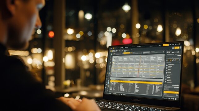 Medium shot of a team member scanning audit trail timestamps on a laptop while office ambiance remains out of focus.