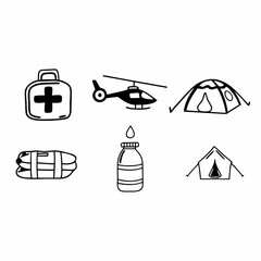 Hand drawn disaster relief and humanitarian aid icons isolated on white background