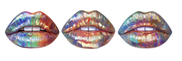 Three iridescent lips, multi-colored, glossy