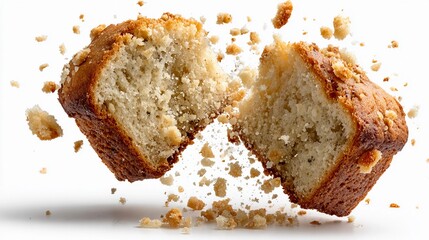Freshly baked cake breaks apart, revealing soft texture and flying crumbs in kitchen setting