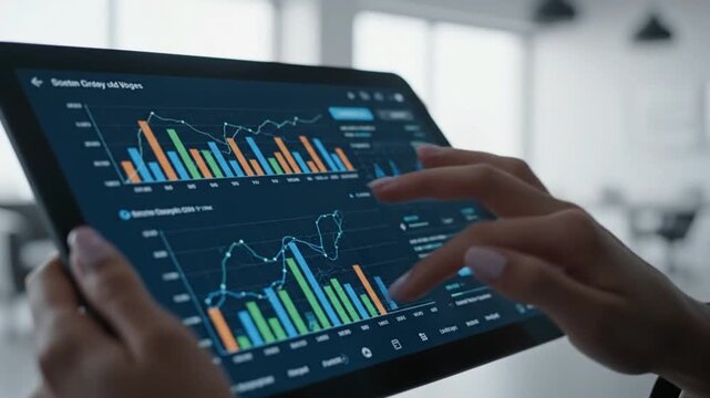 Businesswoman analyzing financial data on a tablet displaying various charts and graphs - Powered by Adobe