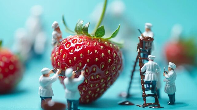 Miniature chefs decorate a fresh strawberry with chocolate. A concept for teamwork, craftsmanship, gourmet quality, and attention to detail.